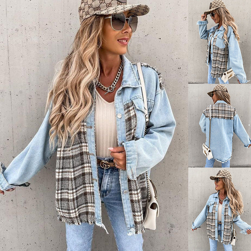 Dame varieret denimvest med ternede elementer og frynser Stilla