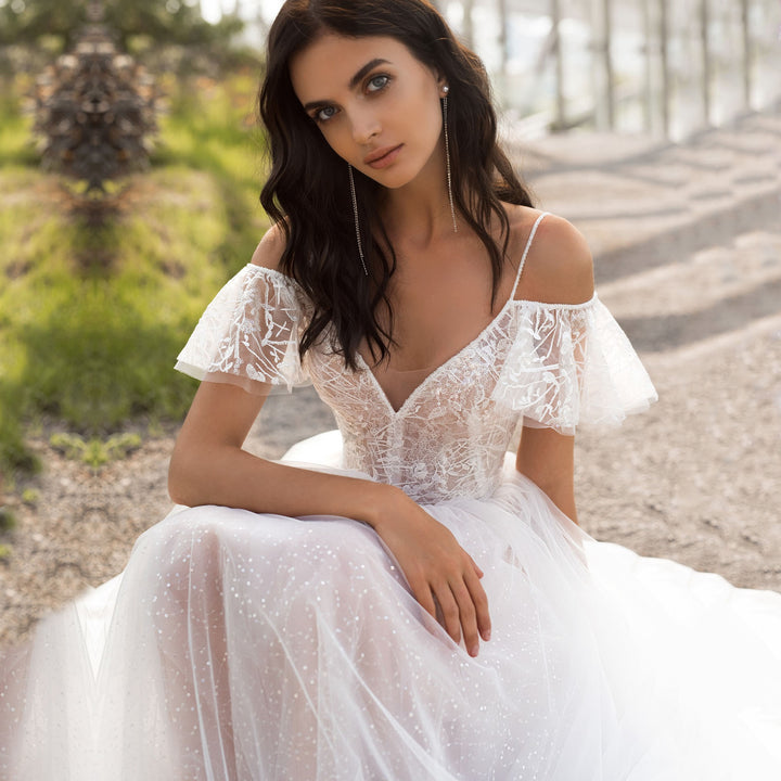 Dame Festkjole Maxi med filigran Spids- og Tulle-detaljer Stilla