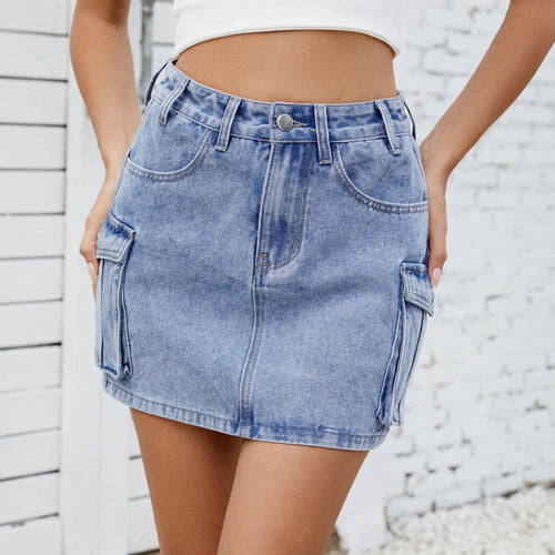 Dame denim-minikjole med praktiske cargo-lommer og høj talje Stilla