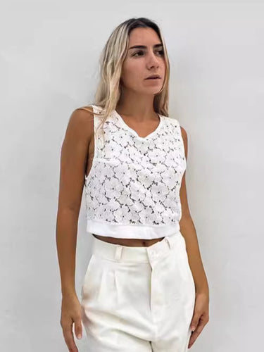 Dame spids-crop-top med blomster mønstre og dekorativt kant Stilla