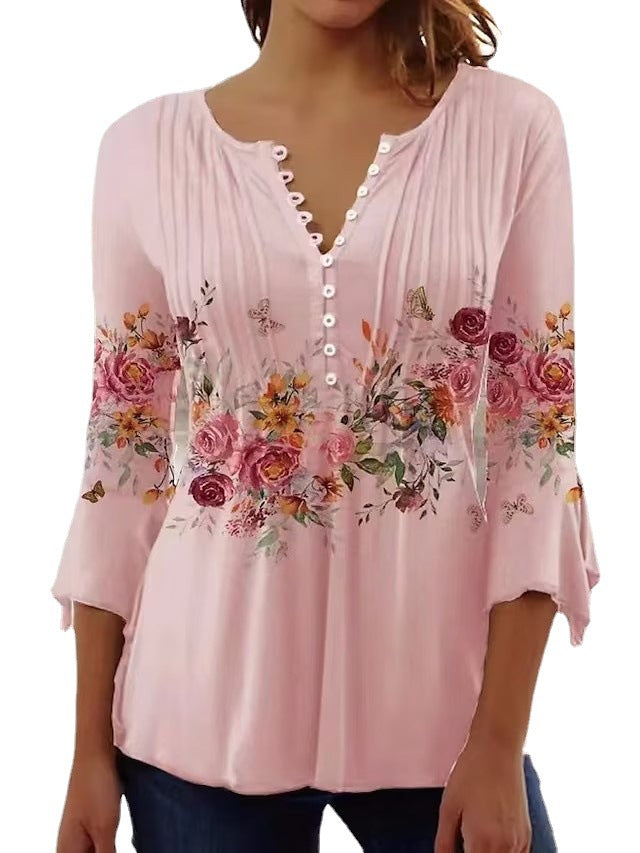Dame nan luftig tunika-bluse med akvarel blomsterbånd, kælderfolder og trekvartærmer Skovae