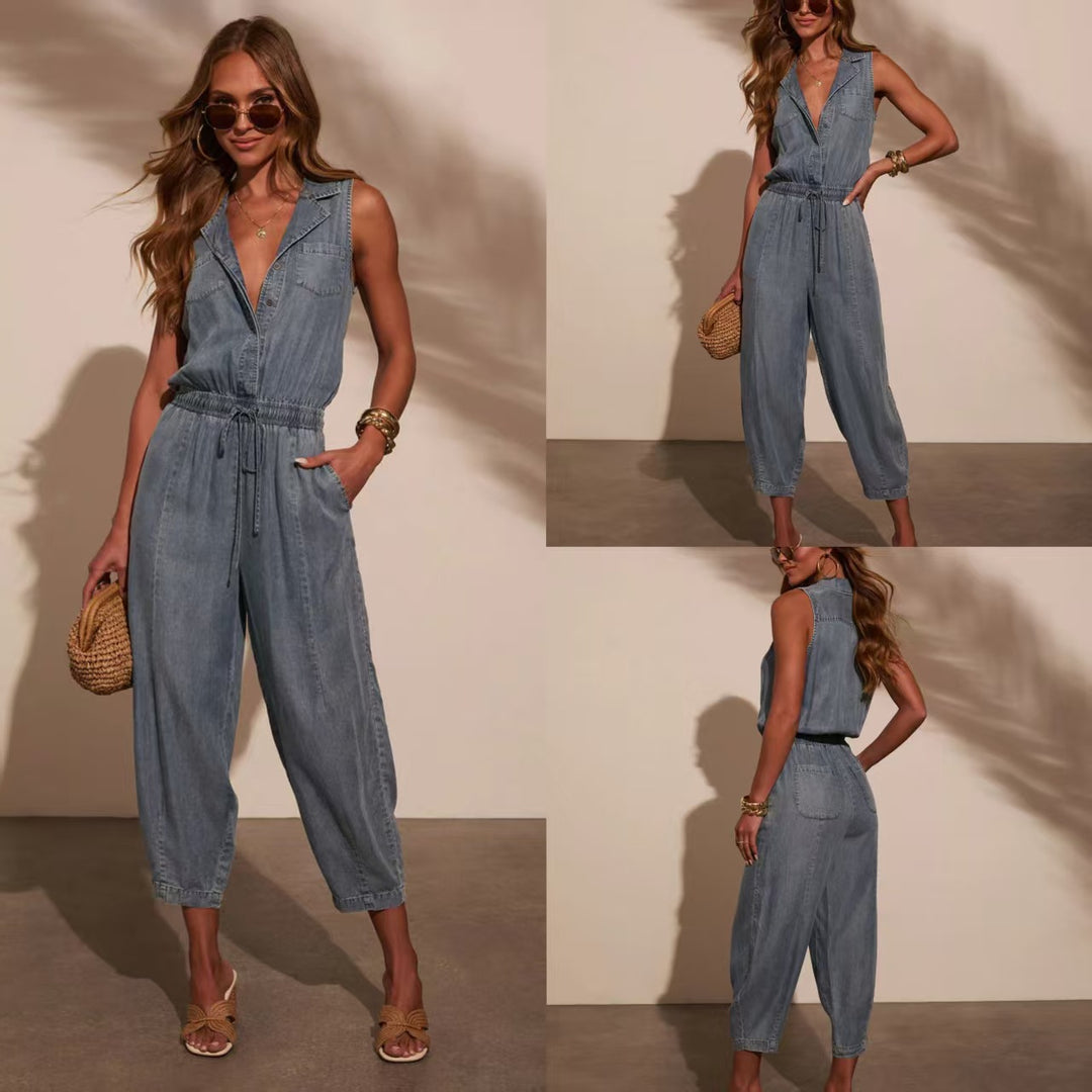 Dame Casual Jeans Overalls med Bælte Stilla