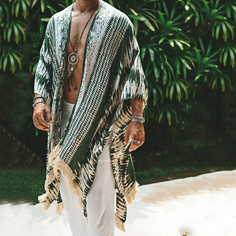Herren nan let strandeponcho i kimono-stil med frynser Skovae