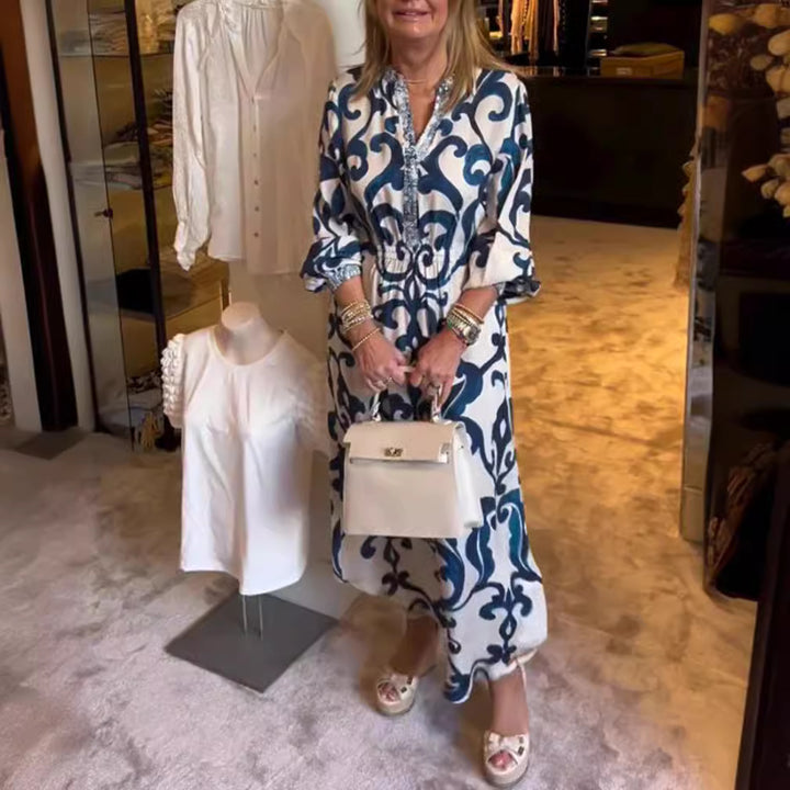Dame maxikjole med elegant bølgemønster og luftige ærmer Stilla