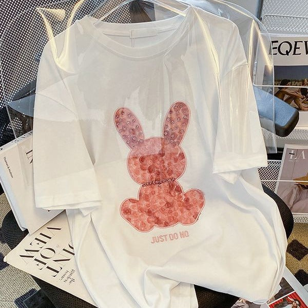 Dame T-shirt med kreativ Bunny-tryk og afslappet snit Stilla