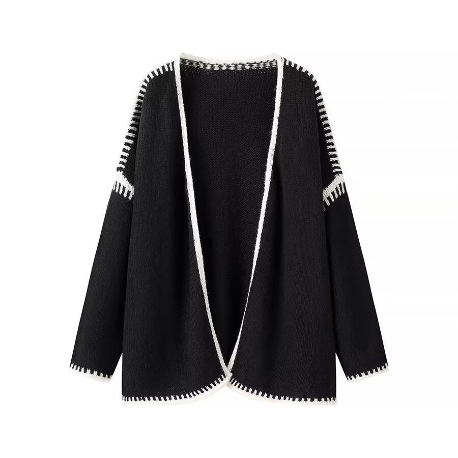 Kvinders åbne cardigan med elegante kontrastsyninger Stilla