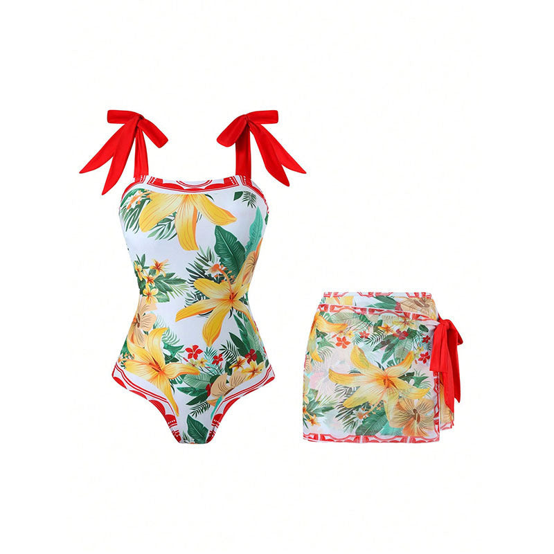 Dame one-piece badedragt med justerbare flæse stropper og floral skørt Skovae