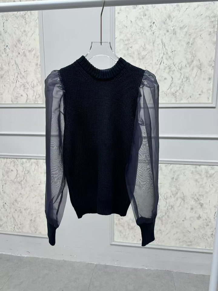 Dame strikpullover med transparente ærmer Stilla
