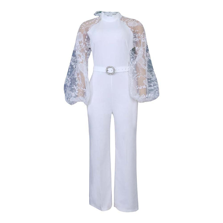 Dame elegant jumpsuit med voluminøse tylærmer og figursyet snit Stilla