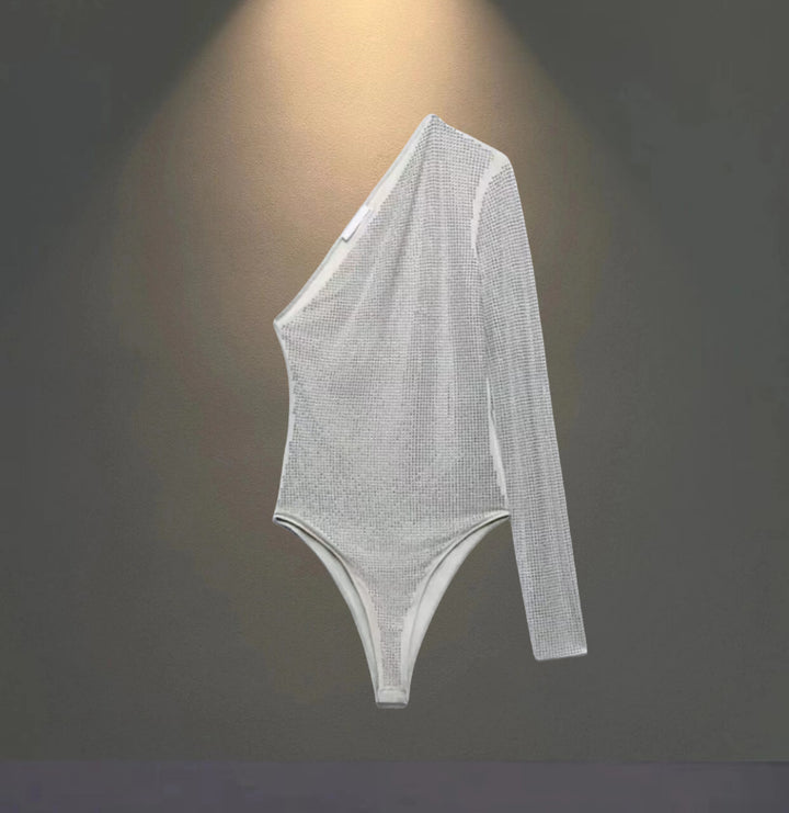 Dame Glitrende Langærmet Bodysuit med asymmetrisk Snit og raffineret Netdesign Stilla