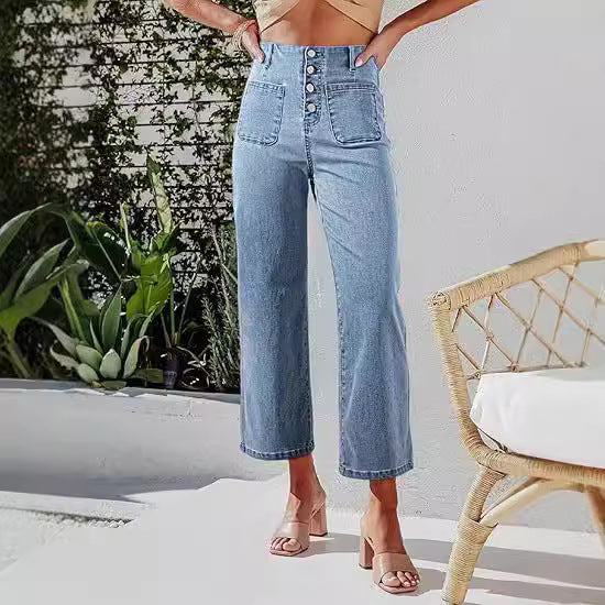 Dame Højskårne Denim-Bukser med Knaplukning og Bred Ben Stilla