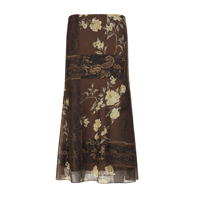 Dame Maxi Skirt med blomsterdesign og transparent chiffon overlay Skovae