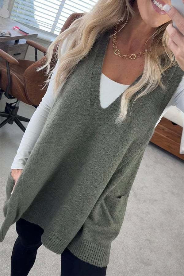 Dame Casual Vest med V-hals og praktiske lommer Stilla