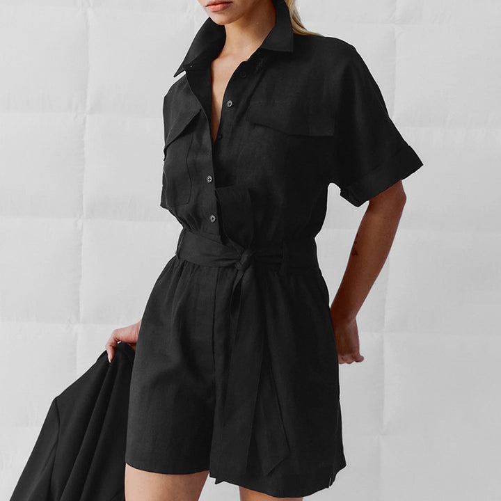 Dame behagelig kort jumpsuit med mode skjortekrave og bindebælte Stilla
