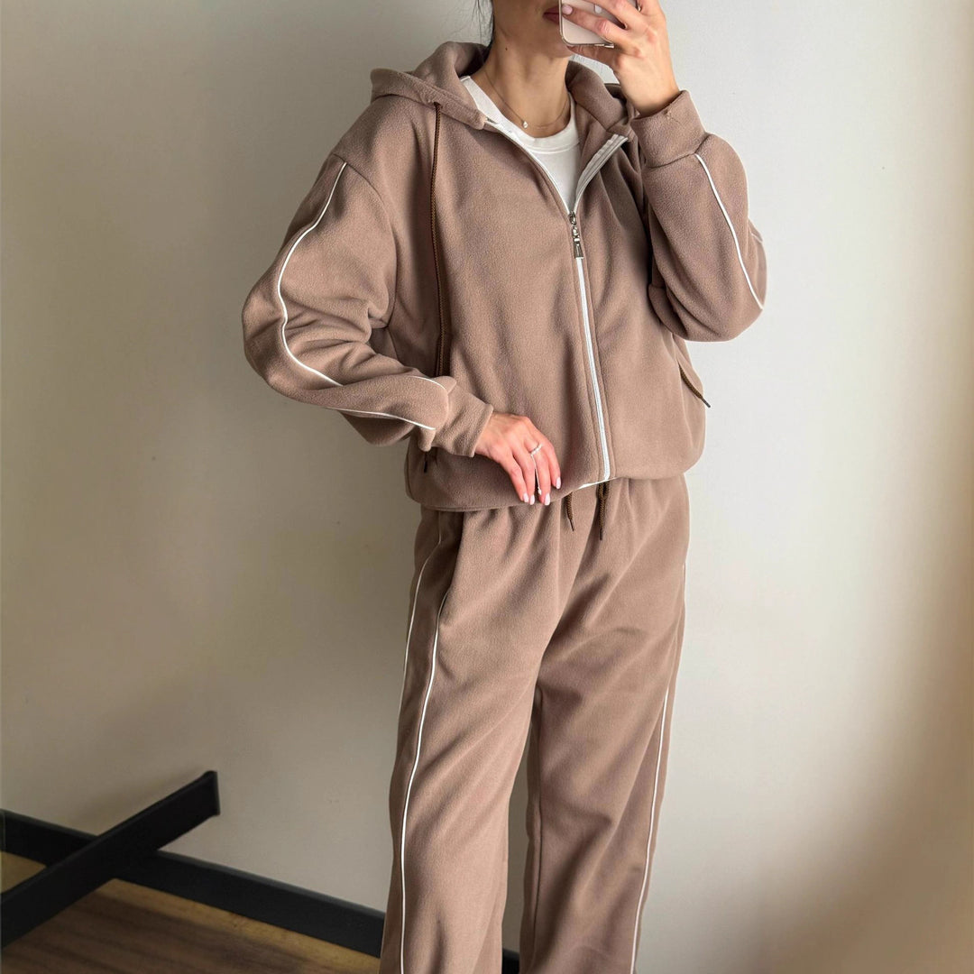 Kvindernes sporty fleece træningsdragt sæt med lynlås og sidelister Skovae