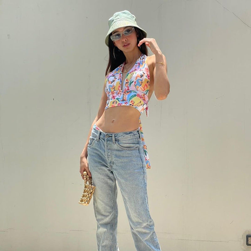 Dame Halterneck Retro Tryk Top Stilla