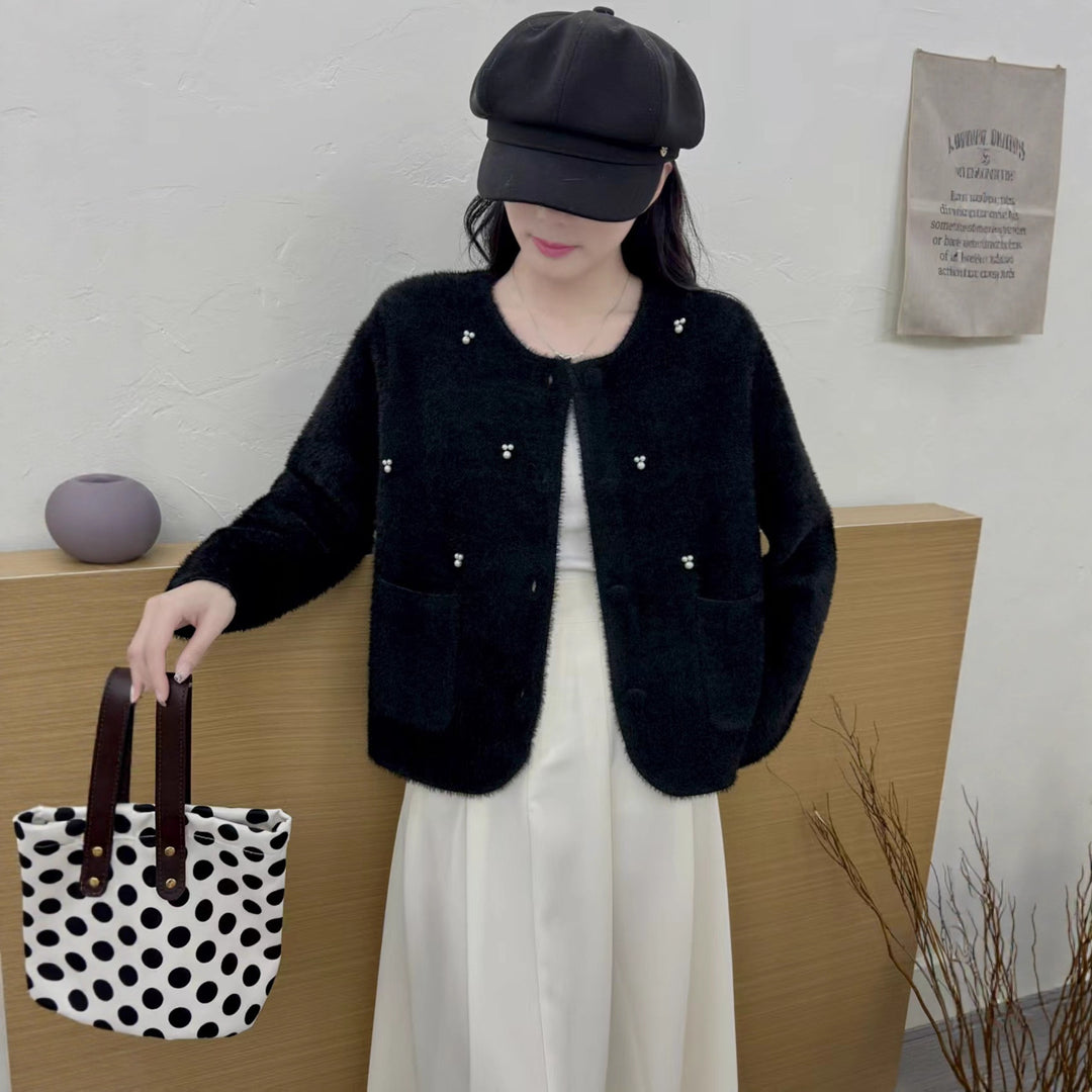 Kvinders Cozy Cardigan med Perle Dekoration og Klassisk Rund Halsudskæring Stilla