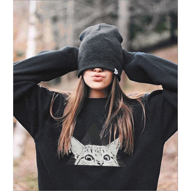 Kvinders sweatshirt med kattemotiver og kreativ geometrisk design Stilla