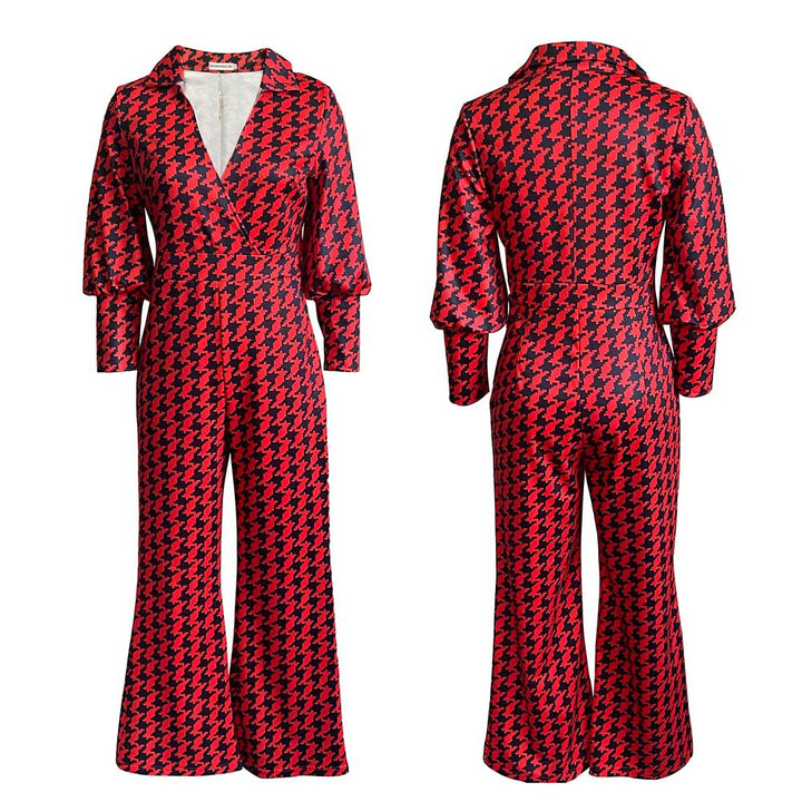 Dame jumpsuit med elegant hane-fremskridtmønster og vidde ben Stilla