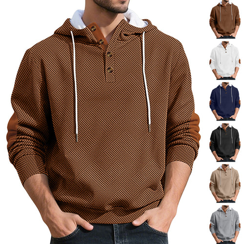 Herrer nan struktureret hætte-Henley-pullover med jacquardstruktur, knapstolpe og albuepatches Skovae