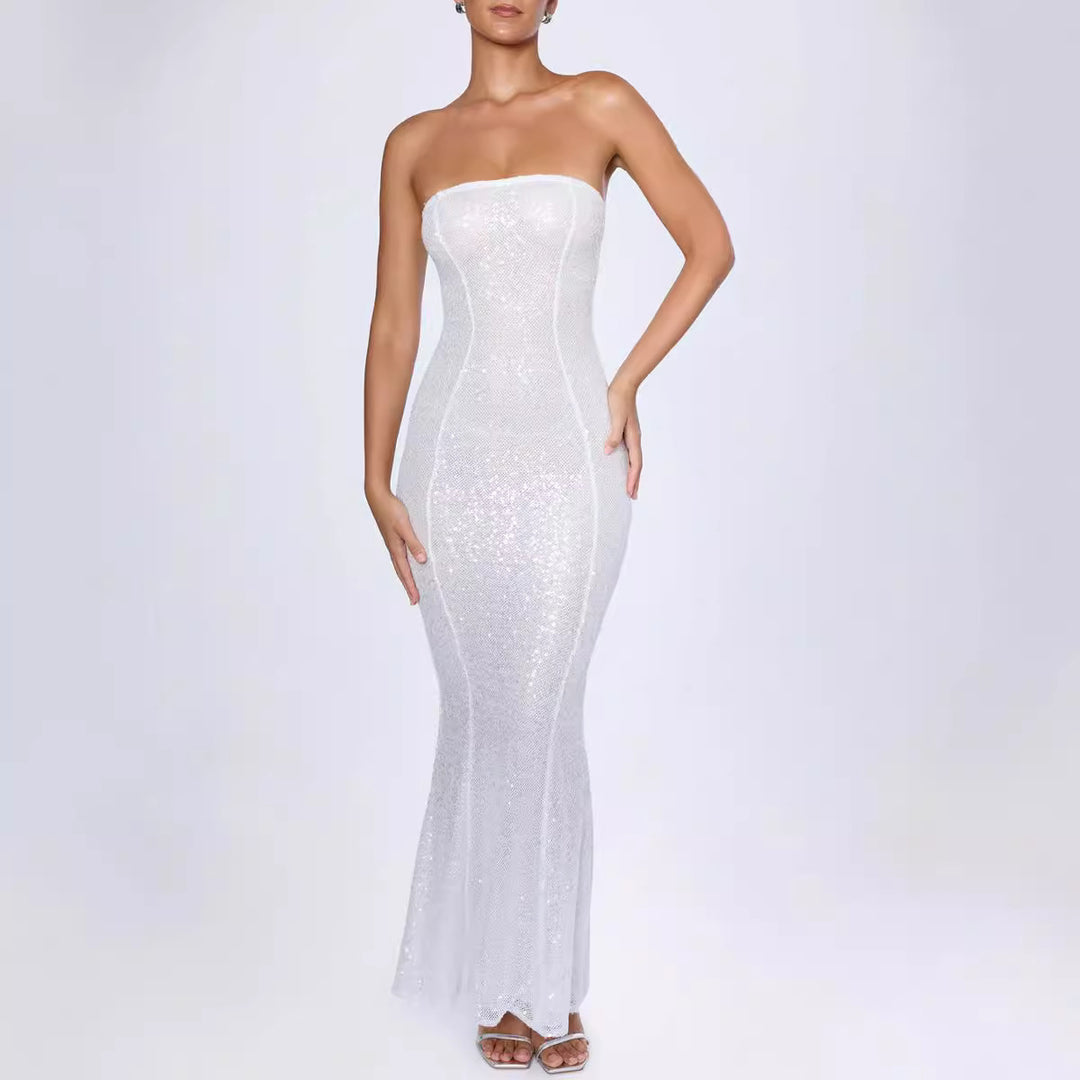 Dame elegant, skinnende maxikjole med figursyet snit og vidunderligt bustier-overdel Stilla