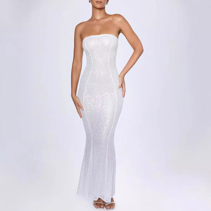 Dame elegant, skinnende maxikjole med figursyet snit og vidunderligt bustier-overdel Stilla