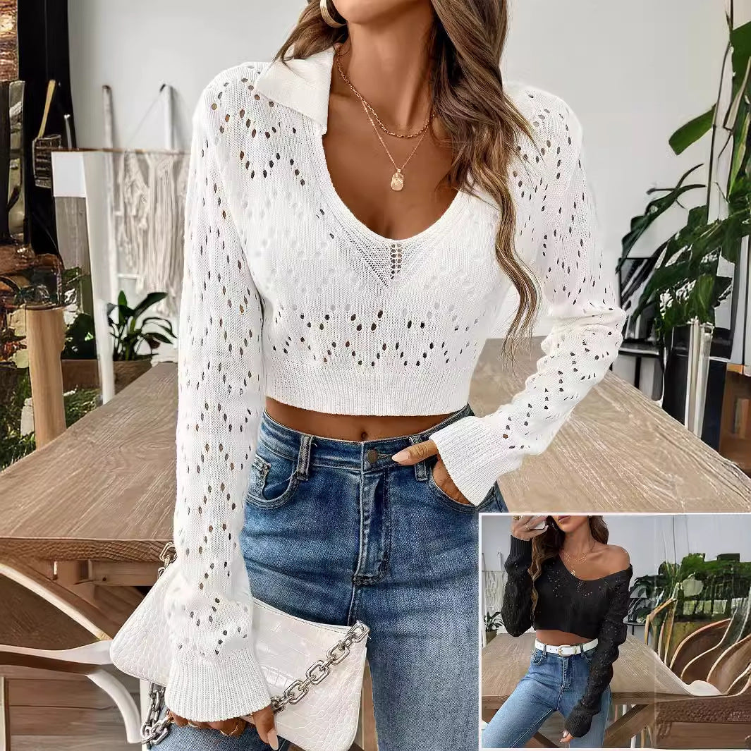 Dame forkortet strikpullover med øsen design Stilla