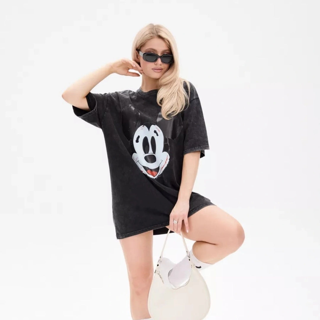 Dame T-shirt med stort Mickey Mouse grafiktryk og afslappet snit Stilla