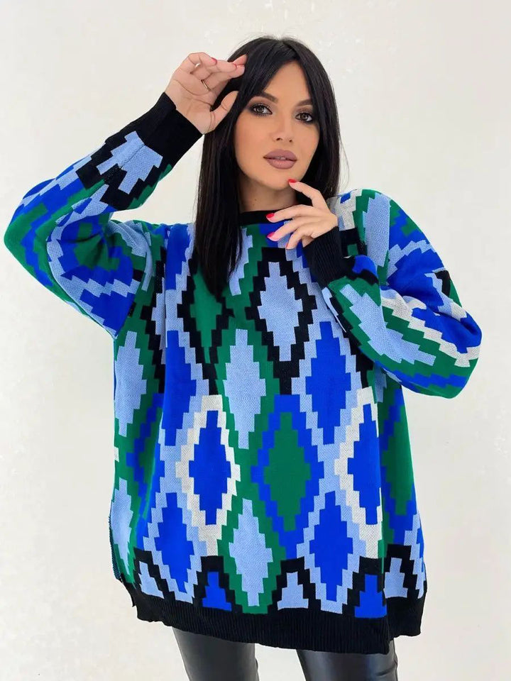 Dame Oversized Strikpullover med grafisk Jacquard-mønster og afslappet snit Stilla