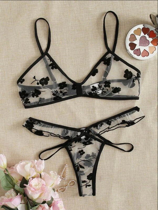 Dame floral broderet mesh undertøjsæt Stilla 1752573505