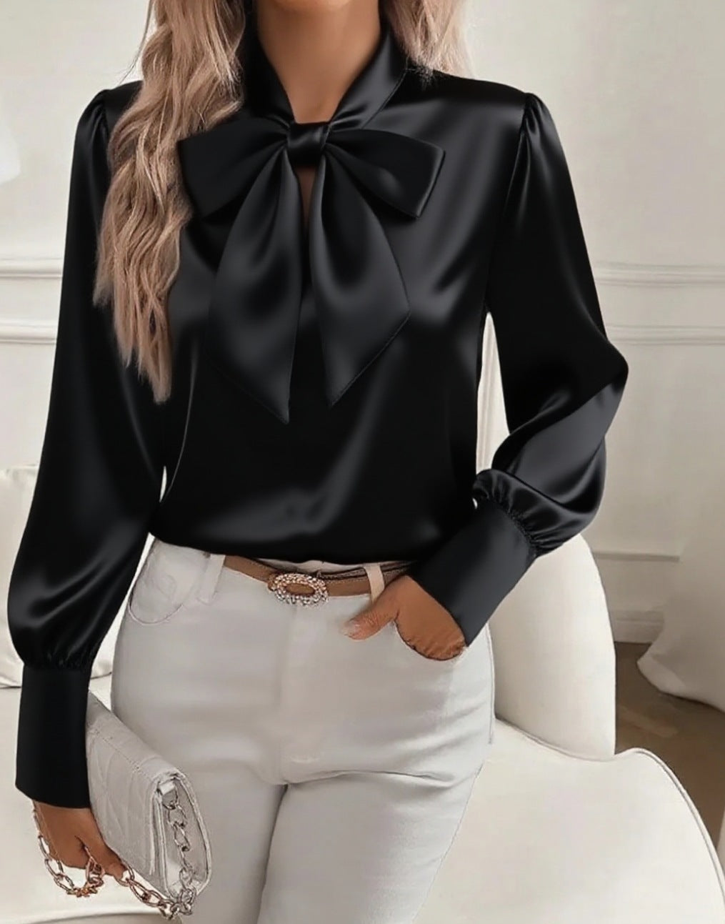 Dame elegant satinbluse med sløjfekrave og pufærmer Skovae
