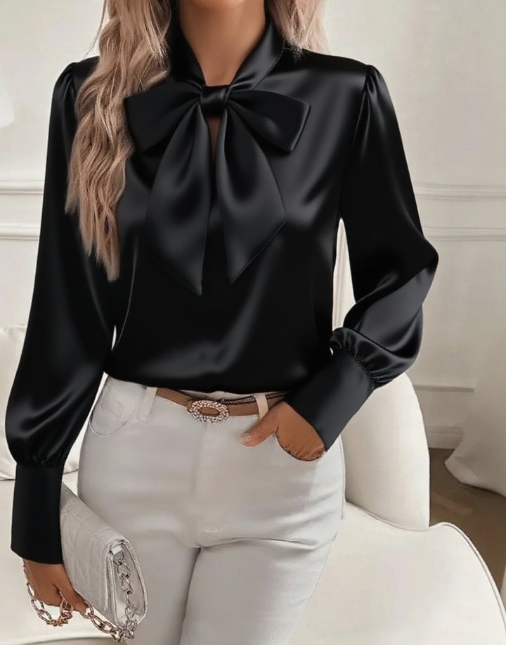 Dame elegant satinbluse med sløjfekrave og pufærmer Skovae