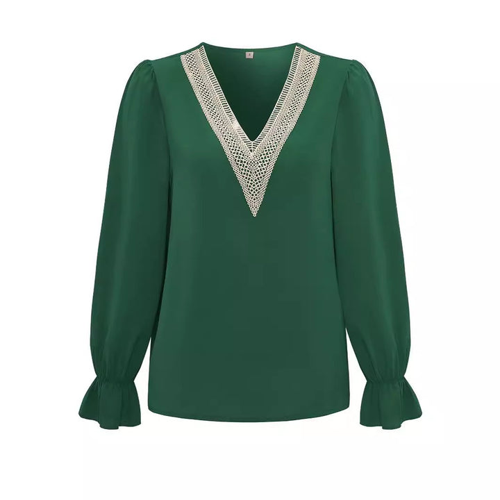 Dame elegant bluse med V-udskæring og spidskant Stilla