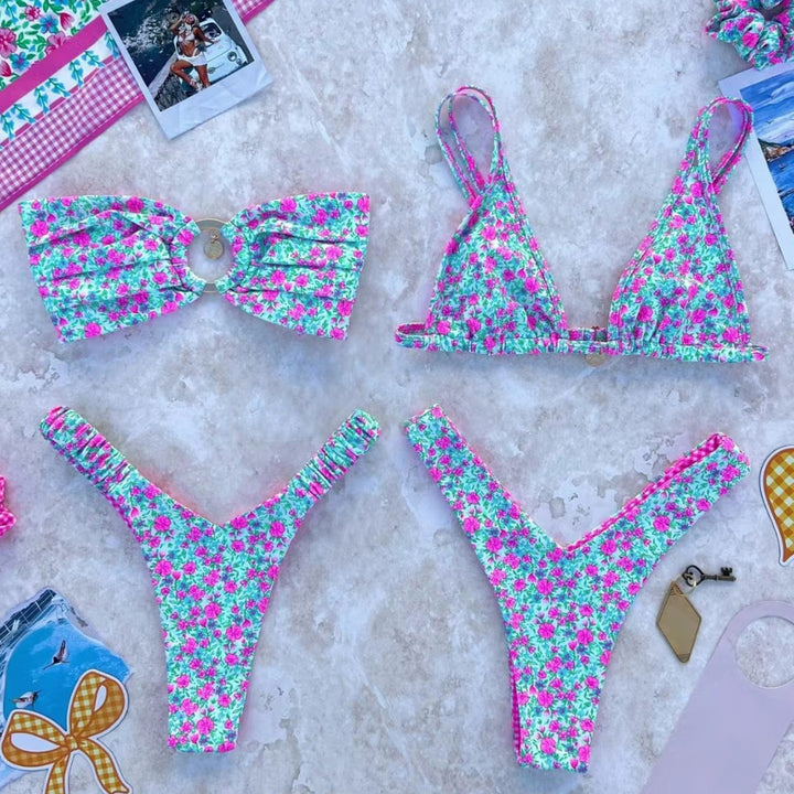 Dame Bikini-sæt med moderigtigt flæse-design og blomster mønster Skovae