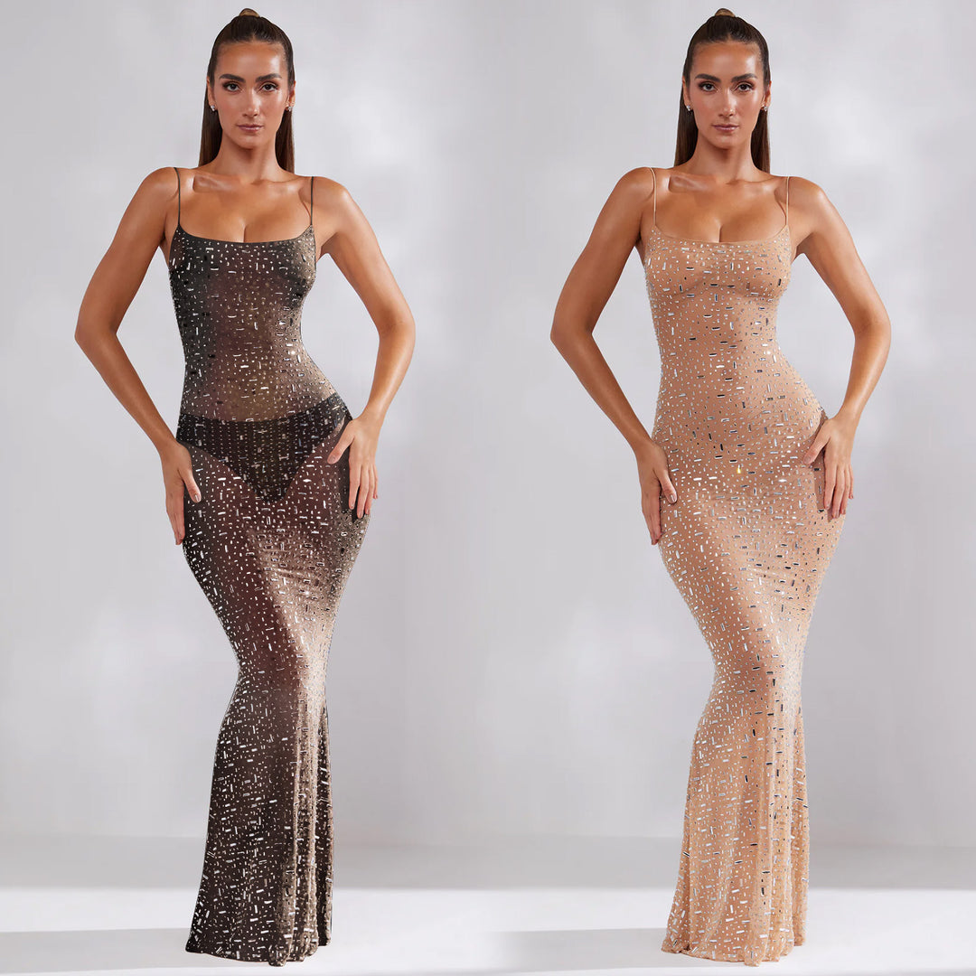 Dame Funklende Maxikjole med transparent mesh og glamourøse palietter Stilla
