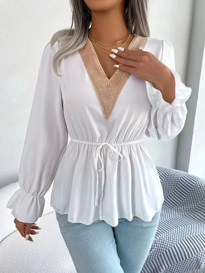 Dame elegant V-hals bluse med flæseærmer Stilla