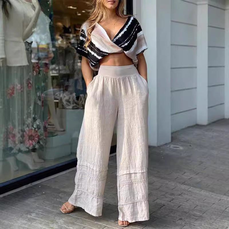 Damer cropped top med stilfuldt stribemønster og brede linbukser Stilla