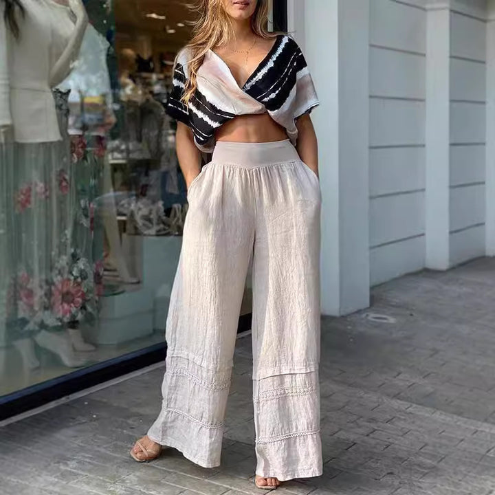 Damer cropped top med stilfuldt stribemønster og brede linbukser Stilla