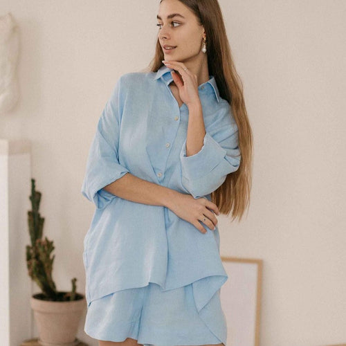 Dame Lækkert Linned Sæt med løs Bluse og Shorts Stilla