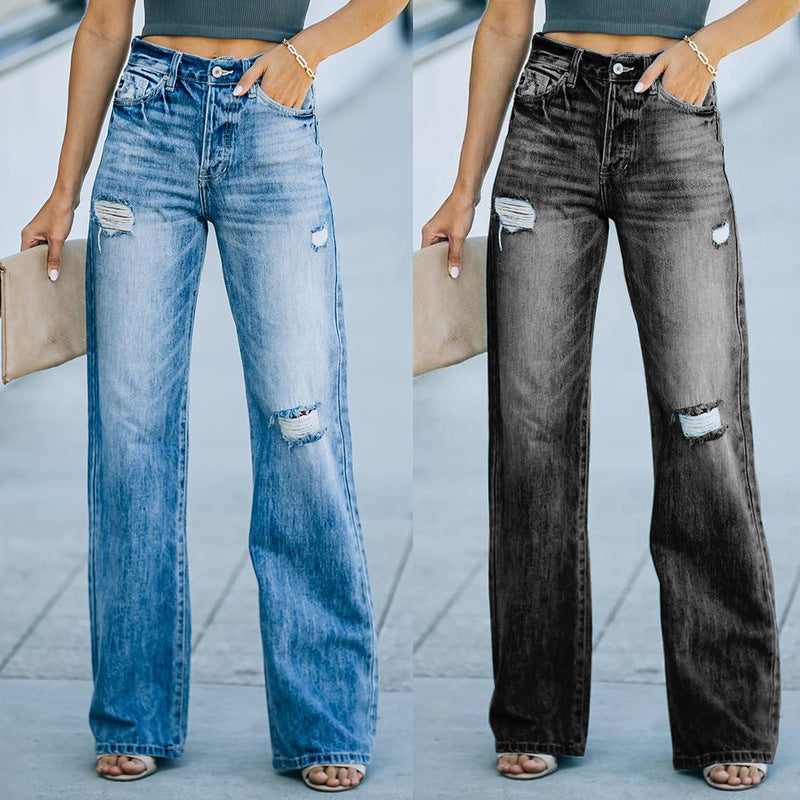 Dame Højtaljede Distressed Jeans i Premium-Relaxed-Fit Stilla