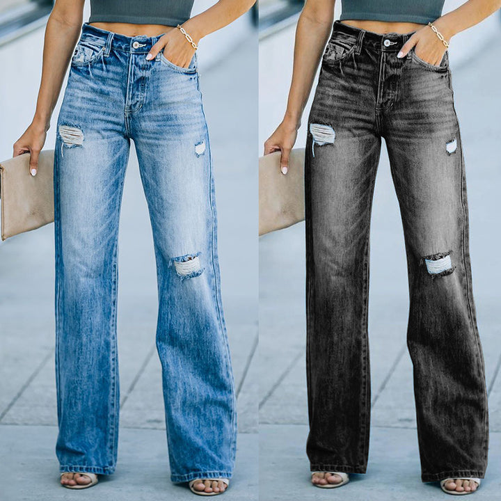 Dame Højtaljede Distressed Jeans i Premium-Relaxed-Fit Stilla