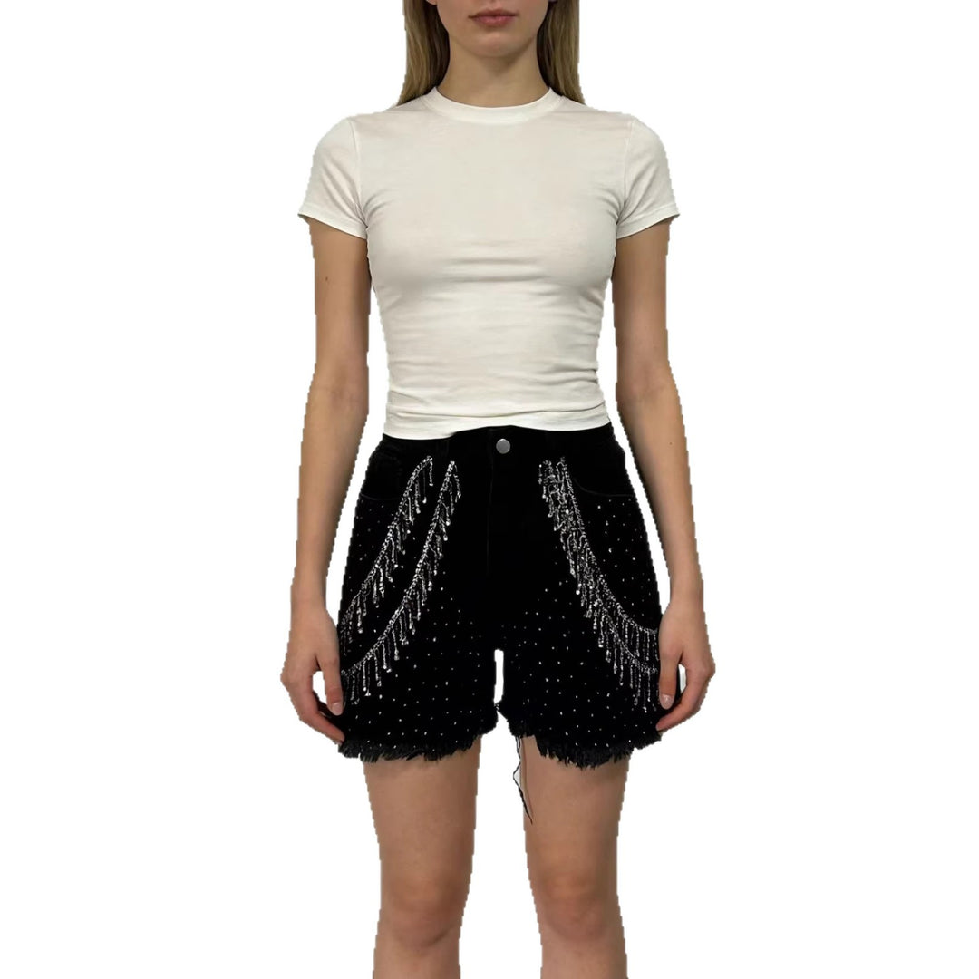 Dame Designer Denim-shorts med trendy kædeudsmykninger Skovae