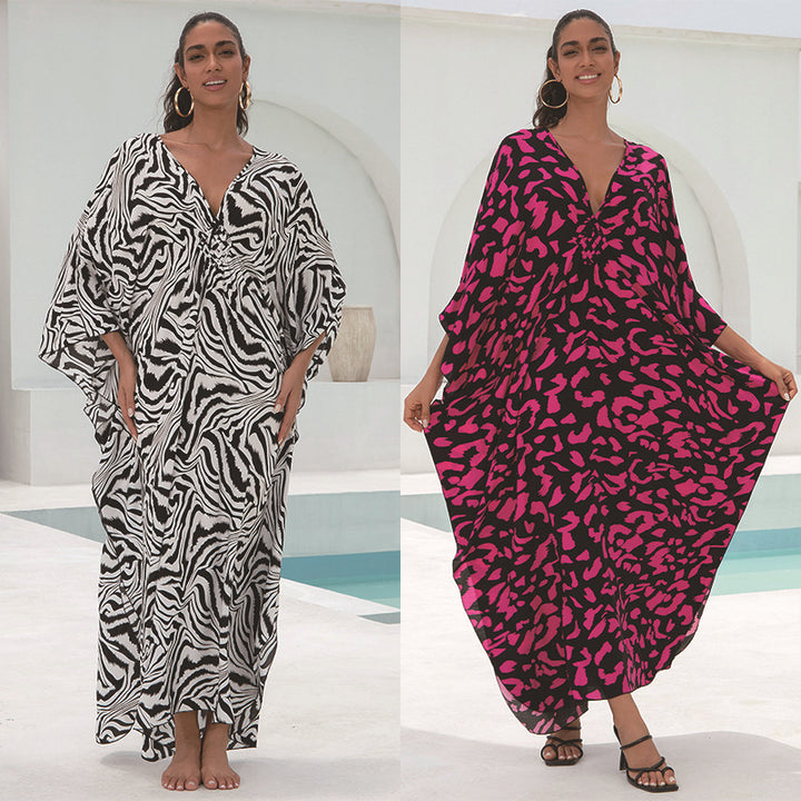 Dame Kaftan Kjole med elegant V-hals og vidt svajende ærmer Stilla