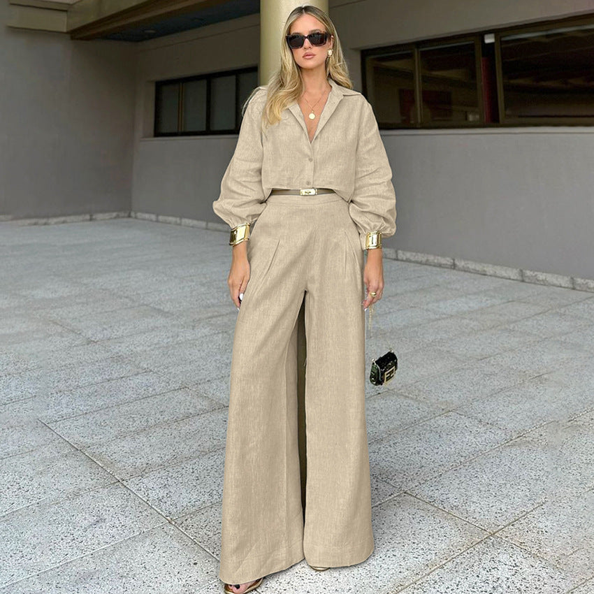 Dame elegant sæt bestående af bluse med puffærmer og løse bukser Stilla