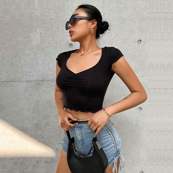 Kvinders cropped top med elastisk samling og trendy V-hals Stilla
