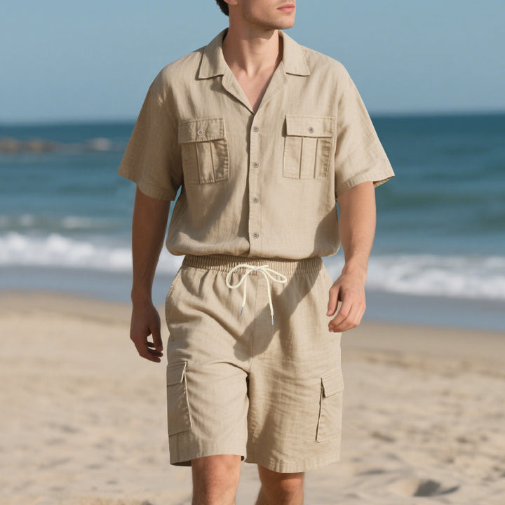 Herre afslappet strandskjorte sæt med praktiske cargo shorts og stilfuld krave Stilla