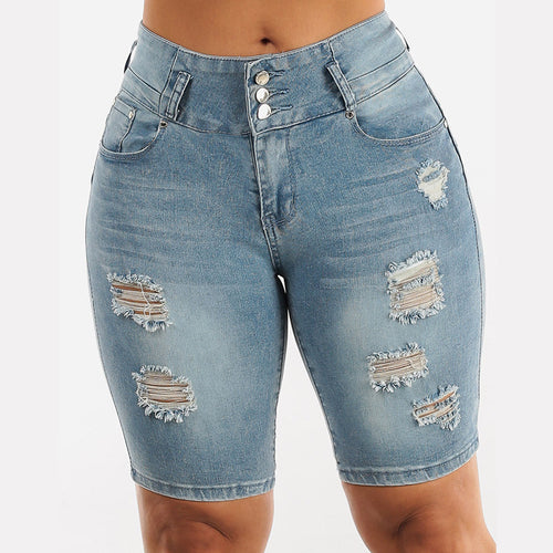 Dame Ripped Denim Shorts med justerbar talje og stilfulde dekorative lapper Stilla