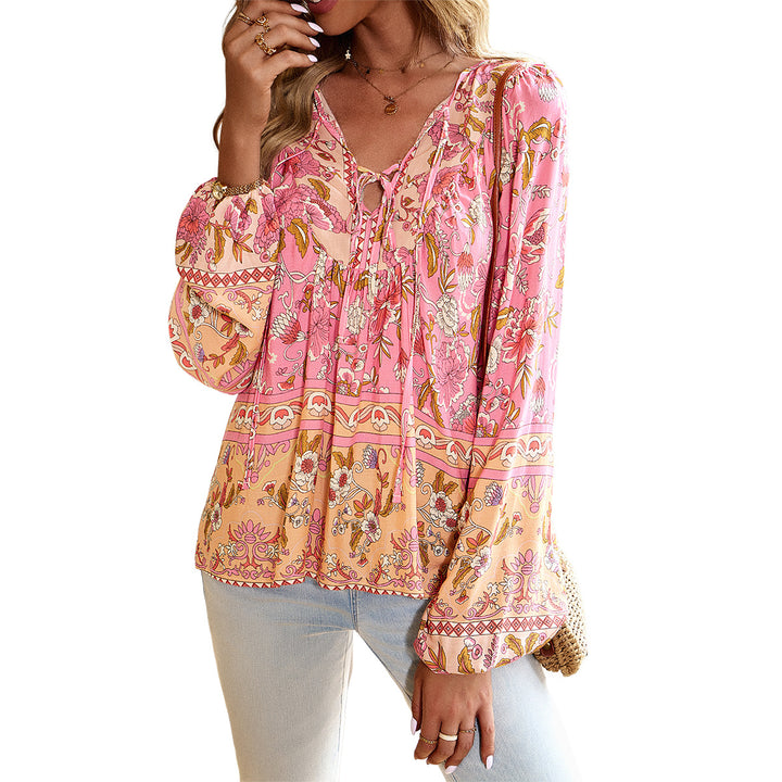 Dame longsleeve bluse med floralt design og elastiske ærmeafslutninger Stilla