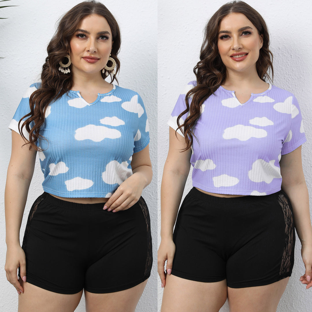 Dame cropped T-shirt med sky mønster og elastisk kant Skovae