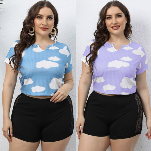 Dame cropped T-shirt med sky mønster og elastisk kant Skovae